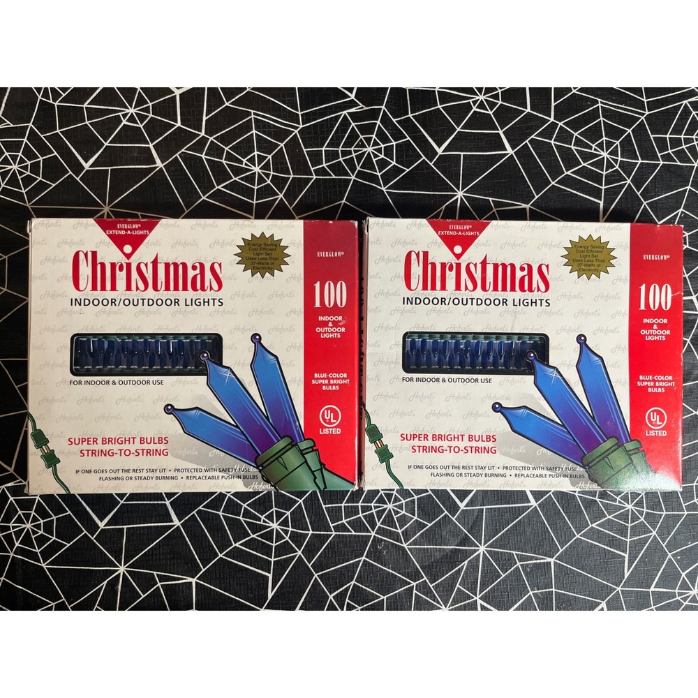 2 Pack Everglow 100 Blue Christmas Lights Indoor Outdoor Green Cord Vintage NOS